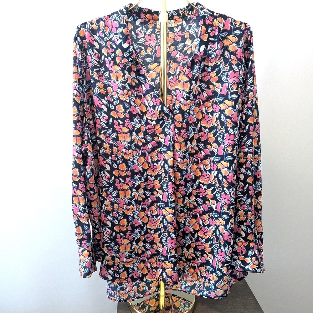 Wonderly Floral Tunic Women 3X Navy Blue High-Low Hem Button Up Boho Blouse